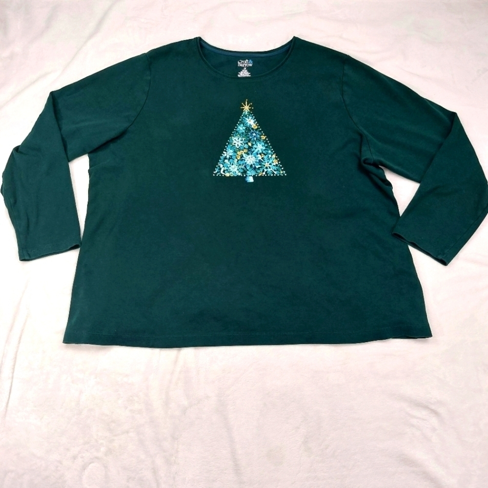 CROFT & BARROW WOMENS GREEN EMBELLISHED PAINTED CHRISTMAS TREE LONG SLEEVE T 2X